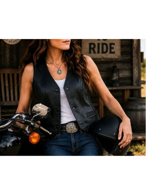 Leather USA Women's Black Genuine Leather Braided Biker Vest Snap Front Size S